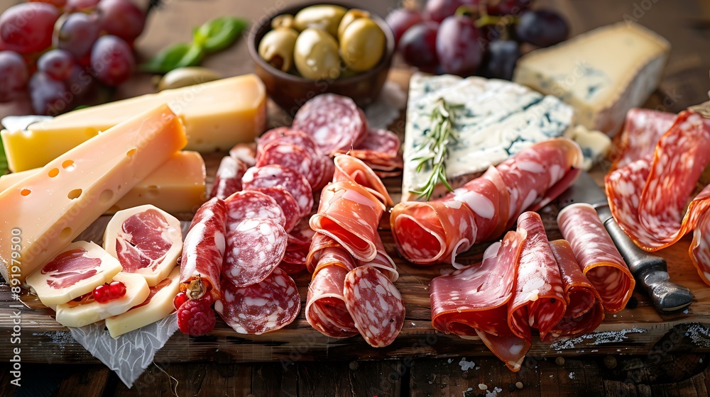 A selection of cheeses, meats, and fruits on a charcuterie board A selection of cheeses, meats, and fruits on a charcuterie board