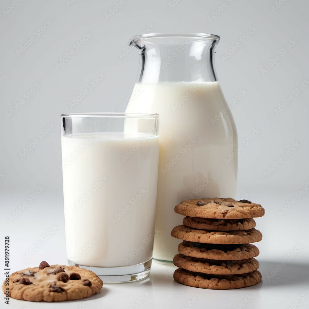 Milk and chocolate chips cookies on white background. Milk and chocolate chips cookies on white background.