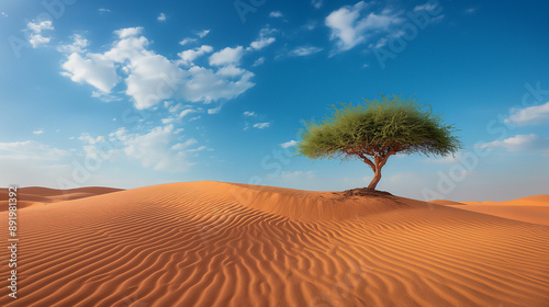 a vast desert landscape, rippling sand dunes, lone tree