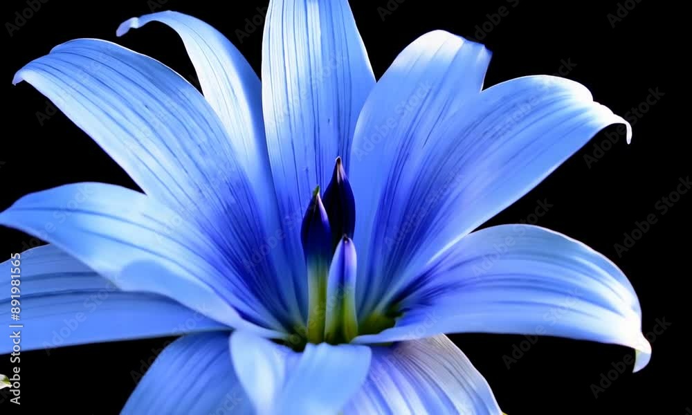 Timelapse of spectacular beautiful blue lily flowers blooming on black background.
