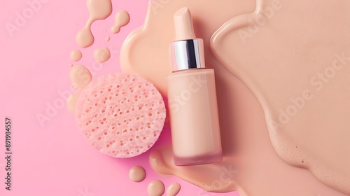 Beige liquid foundation or bb cream on pink sponge Liquid foundation for make-up on sponge over pink background photo