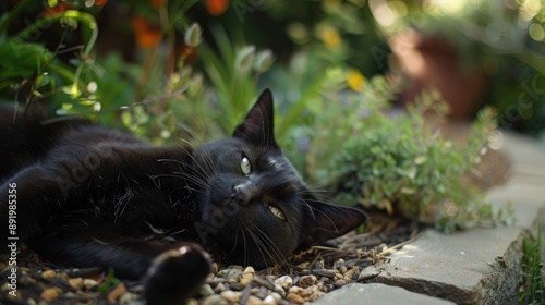 Black feral feline frolicking and unwinding in garden setting photo