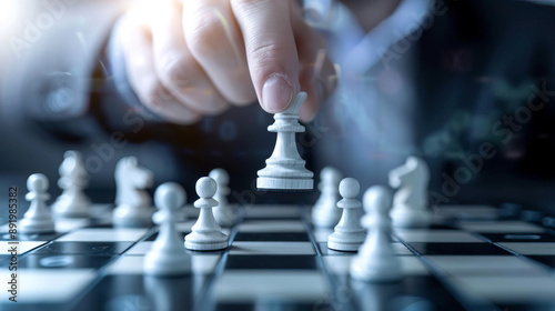 Close-up of a person's hand strategically moving a chess piece on a chessboard during a game, symbolizing strategy and intellectual challenge. photo