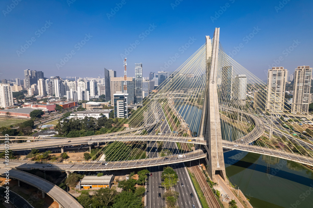 Obraz premium Aerial view of the Estaiada bridge. Sao Paulo Brazil. Business center. Famous cable-stayed bridge (Ponte Estaiada)
