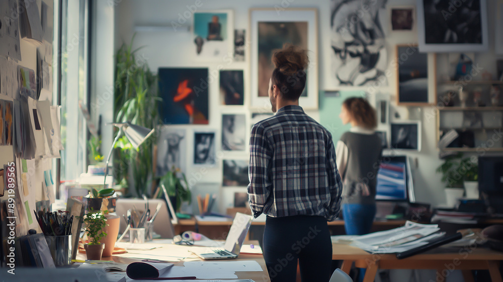 a creative studio space, designers at work, mood board visible a creative studio space, designers at work, mood board visible