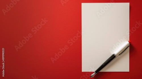 Writing paper on red background with pen top view photo