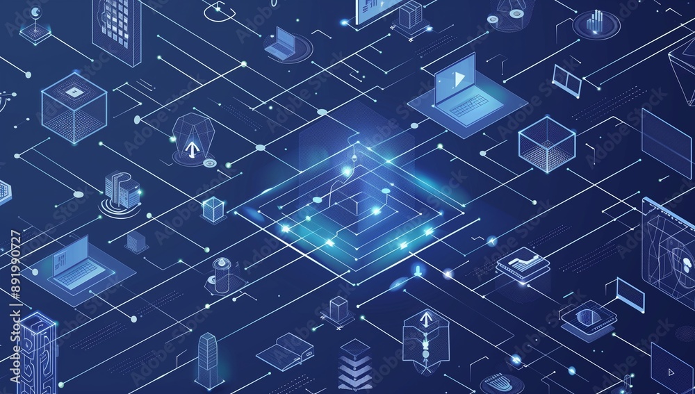 AI network visual with digital elements and connectivity lines in blue. AI network visual with digital elements and connectivity lines in blue.