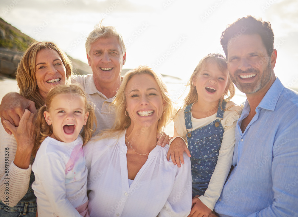 Portrait, beach and big family with love, smile and vacation with happiness, kids and tropical island. Face, grandparents and mother with father, children or seaside with holiday and getaway trip Portrait, beach and big family with love, smile and vacation with happiness, kids and tropical island. Face, grandparents and mother with father, children or seaside with holiday and getaway trip