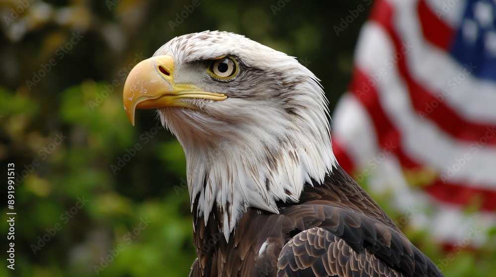 Naklejka premium American flag with a bald eagle in the background