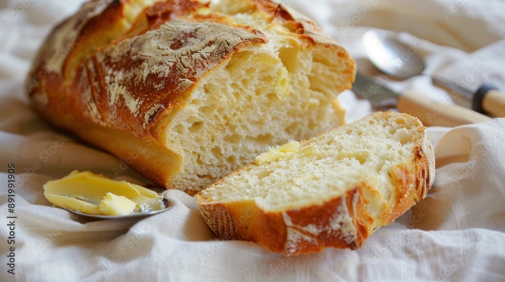 Rustic Breakfast Setting with Freshly Baked Bread, Butter, and Utensils on White Napkin Rustic Breakfast Setting with Freshly Baked Bread, Butter, and Utensils on White Napkin