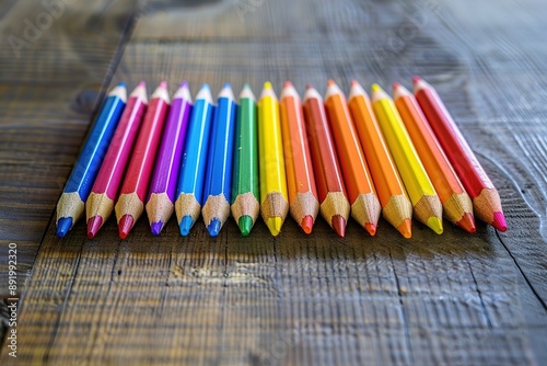 Pencil colours arranged in a rainbow pattern on a wooden table 