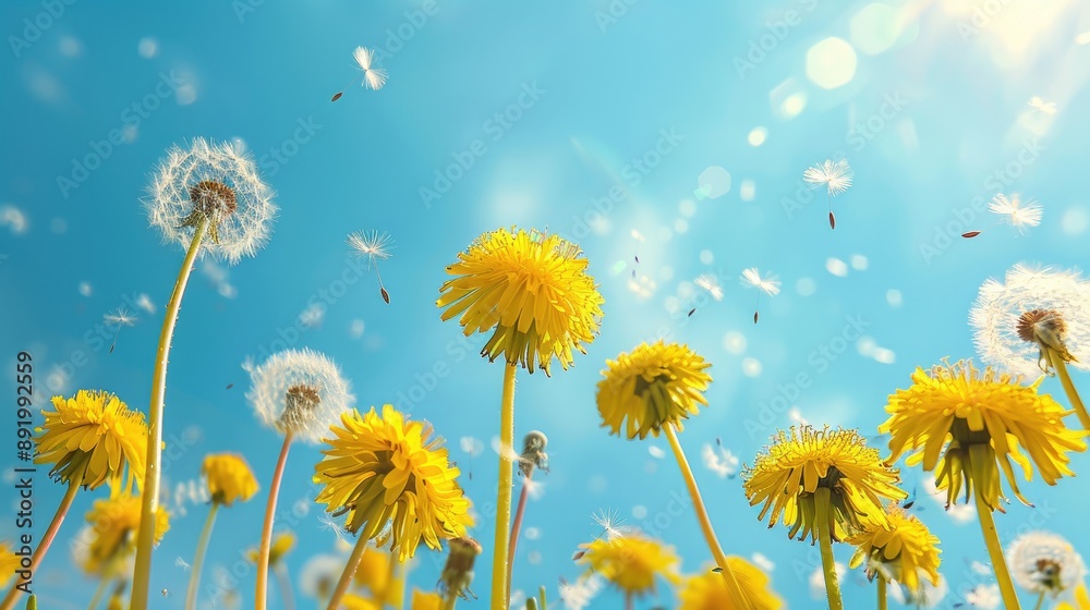 Fototapeta premium Spring greeting card with yellow dandelions on blue sky background