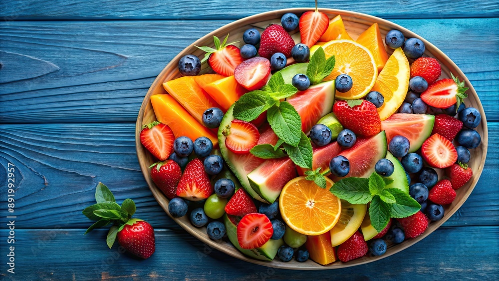 Colorful and vibrant fresh fruit platter with a variety of fruits including strawberries, blueberries, kiwi Colorful and vibrant fresh fruit platter with a variety of fruits including strawberries, blueberries, kiwi