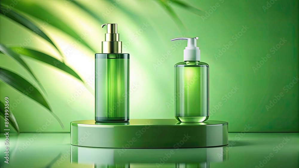 Green cosmetic bottle mockup on a podium with green glass bottle in the background, cosmetic, beauty, skincare, mockup, green Green cosmetic bottle mockup on a podium with green glass bottle in the background, cosmetic, beauty, skincare, mockup, green