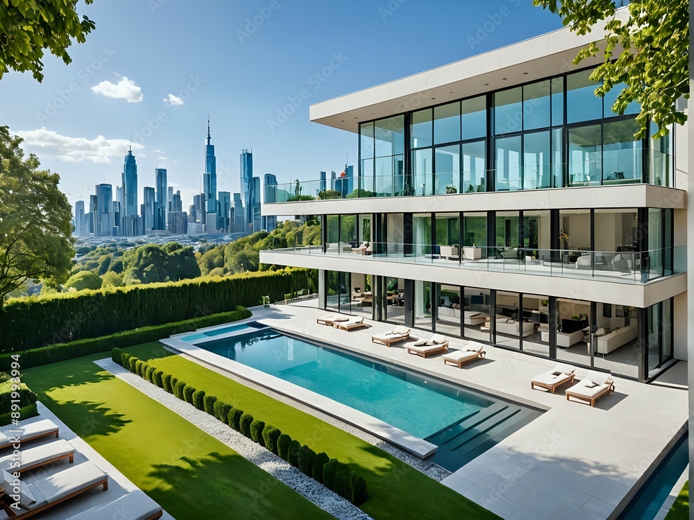 A modern and luxurious real estate property with a sleek design, large windows, spacious rooms, high ceilings, a beautiful garden with a swimming pool, and a stunning view of the city skyline A modern and luxurious real estate property with a sleek design, large windows, spacious rooms, high ceilings, a beautiful garden with a swimming pool, and a stunning view of the city skyline