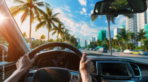 driving with beach view, driver point of view