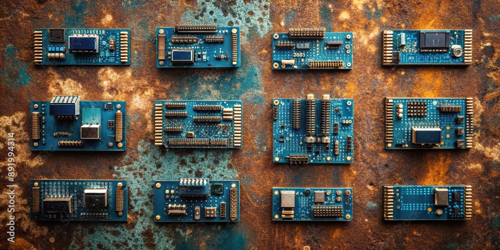 Flat Layout Of Arduino Mega Uno Nano Boards On Rusty Vintage Background Flat Layout Of Arduino Mega Uno Nano Boards On Rusty Vintage Background