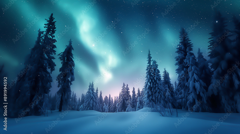 Northern Lights over a snow-covered forest, star-filled sky Northern Lights over a snow-covered forest, star-filled sky