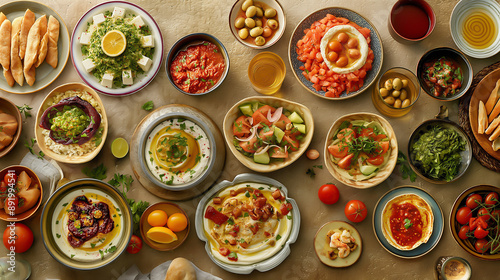 a vibrant Mediterranean mezze spread, various dishes, rustic table