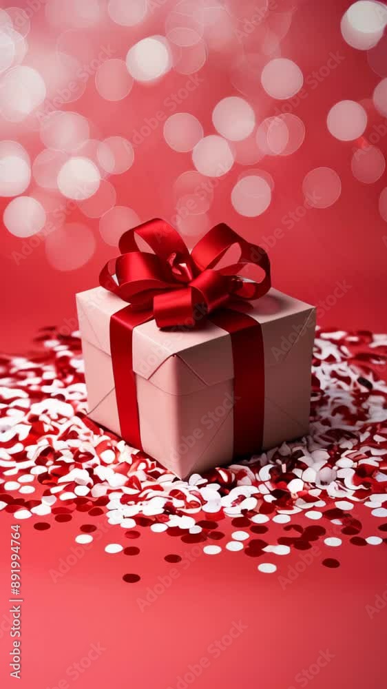 Luxury pastel gift box with red ribbon and confetti, Closeup Gift Box on red bokeh background, Valentine's Day, Holidays gifts concept, anniversary, birthday. Copy space template backdrop