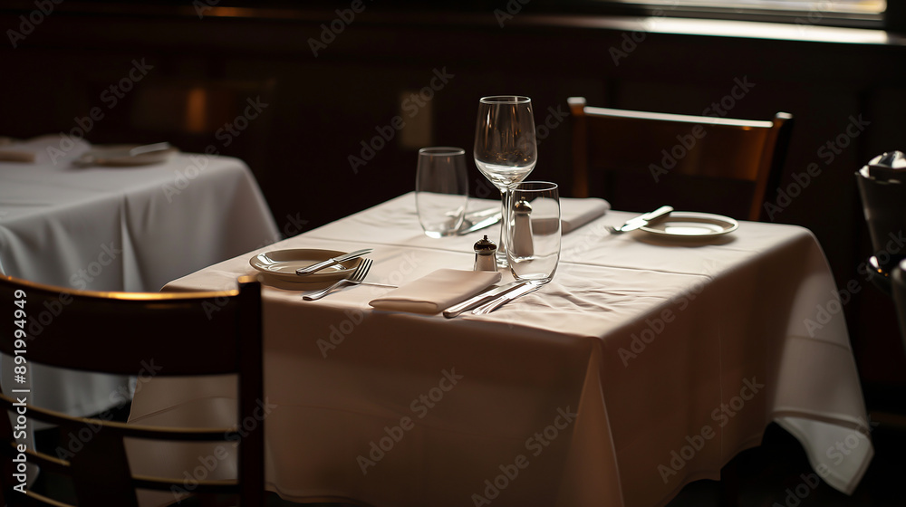a sparse dining setup, single place setting, white tablecloth a sparse dining setup, single place setting, white tablecloth
