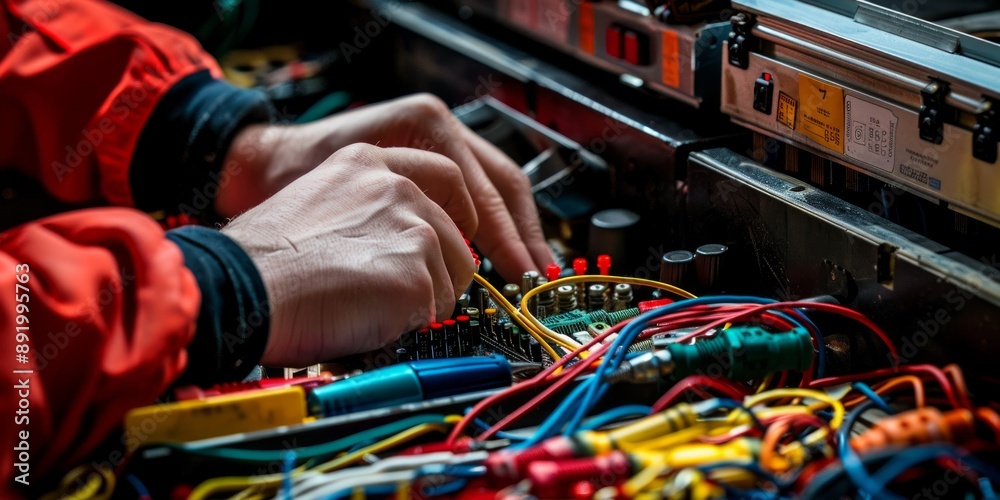Close-Up of Hands Working on Electronics with Colorful Wires Close-Up of Hands Working on Electronics with Colorful Wires