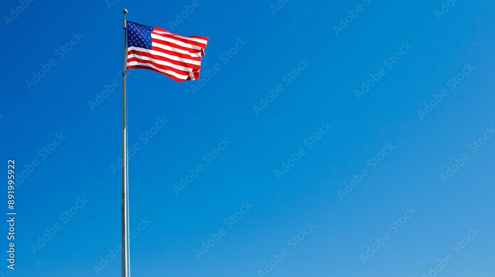 An American flag waving proudly against a clear blue sky An American flag waving proudly against a clear blue sky