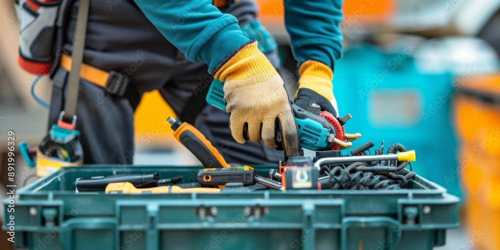 Close-up of a Construction Worker Putting a Tool into a Toolbox Close-up of a Construction Worker Putting a Tool into a Toolbox