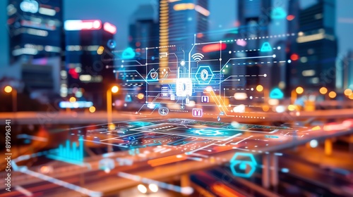 Futuristic smart city with digital overlays and data connections, showcasing advanced urban technology and connectivity at night.