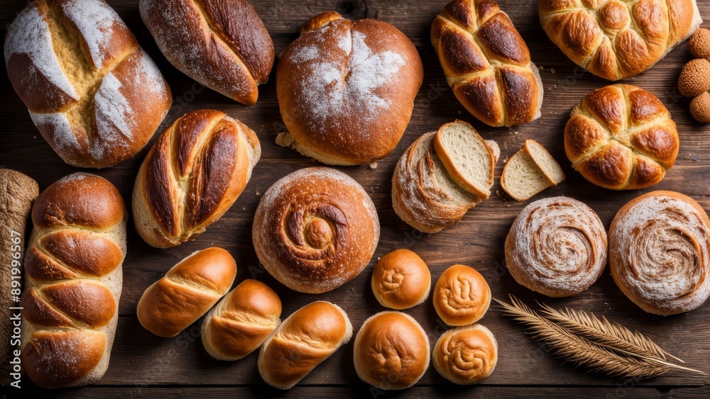 Diverse assortment of bread loaves and rolls on a wooden background Diverse assortment of bread loaves and rolls on a wooden background