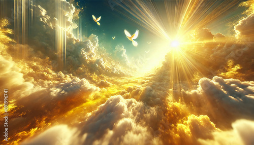 天界　雲の床　神聖な領域　非現実的な空間 黄金の空間　幻想的 神聖 風景 雲 天上界 明るい 透明 黄金 光 照明 天国 光線 エーテル 空 霊的 平和 壮大 鳩 飛ぶ 輝く 光輝 静けさ 暖かい ふわふわ 地平線 ファンタジー 