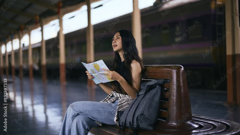 Young woman traveler sits on a bench at a quiet train station platform, studying a map with a train in the background. She is preparing for her solo journey, planning her next adventure Young woman traveler sits on a bench at a quiet train station platform, studying a map with a train in the background. She is preparing for her solo journey, planning her next adventure