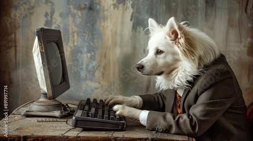 A dog in a suit sits at a desk using a keyboard and old computer, resembling a humorous business scene. photo