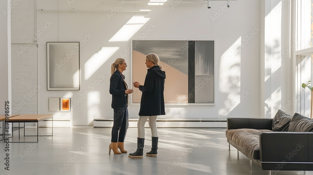 Fototapeta premium Women Engaging Conversation Art Gallery Modern Elegance Atmosphere Design Friendship Interaction Creativity Inspiration