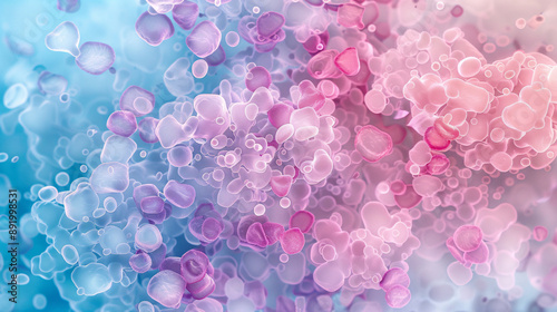 A colorful image of pink and purple blobs with a blue background. The blobs are scattered all over the image, creating a sense of chaos and disorder