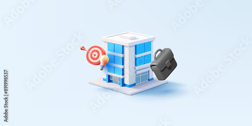 3D business center building, briefcase, target, light bulb. A modern rendering of a building for concepts of business, control, management, and successful projects. Vector