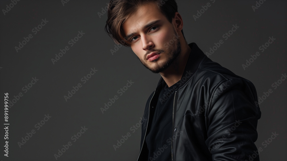 Naklejka premium handsome model in black jacket standing in studio