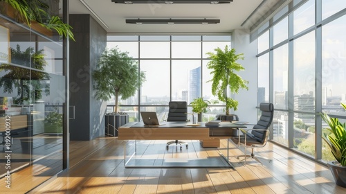 A high-resolution photo of a modern office with sleek desks and large windows, bright and clean, style by idea24club