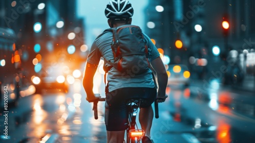 A nighttime cityscape with a cyclist in a cycle helmet, wearing a t-shirt and backpack, speeding through traffic. The image is shot with a minimalist wide-angle lens, emphasizing muted tones and low