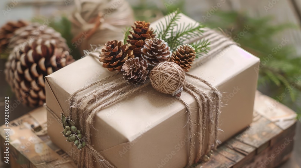 Rustic gift box with twine and pinecone decorations, gift box, rustic holiday Rustic gift box with twine and pinecone decorations, gift box, rustic holiday