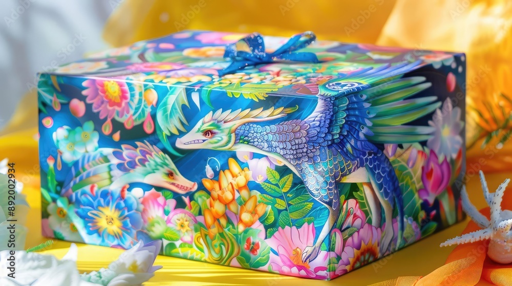 Whimsical gift box with fantasy creatures and vibrant colors, gift box, whimsical festival Whimsical gift box with fantasy creatures and vibrant colors, gift box, whimsical festival