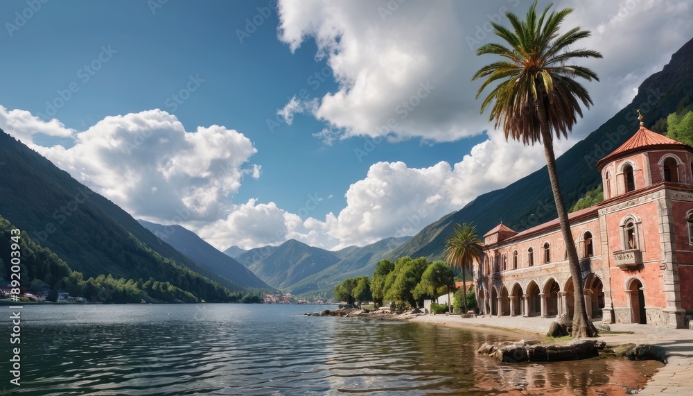 Fototapeta premium Italian Lake Villa with Palm Tree and Mountains.