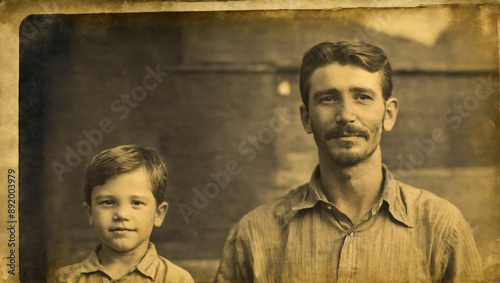 Authentic vintage aged photo of father and son