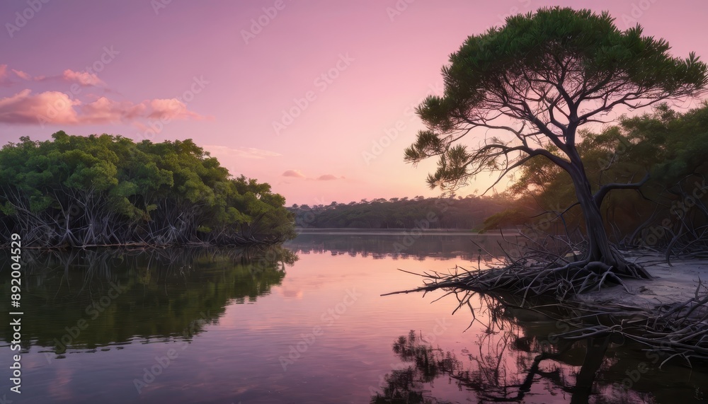 Obraz premium Tranquil Lake Sunset with Silhouetted Tree.