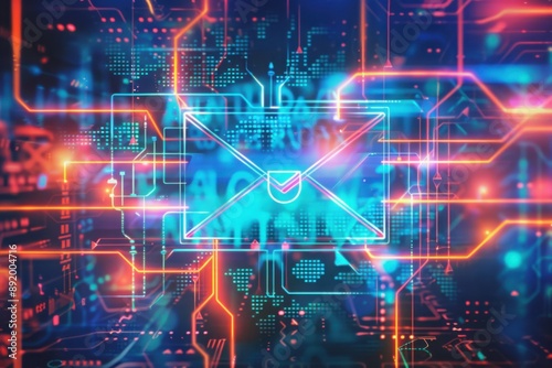 Futuristic Neon Email Icon on Digital Interface
