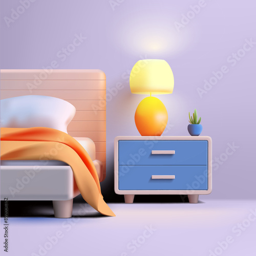 Bedroom, 3D rendering. A bed, a sideboard, a lamp, a plant in a pot. Modern cozy design, for the concepts of home, hotel, hostel, rest. Vector