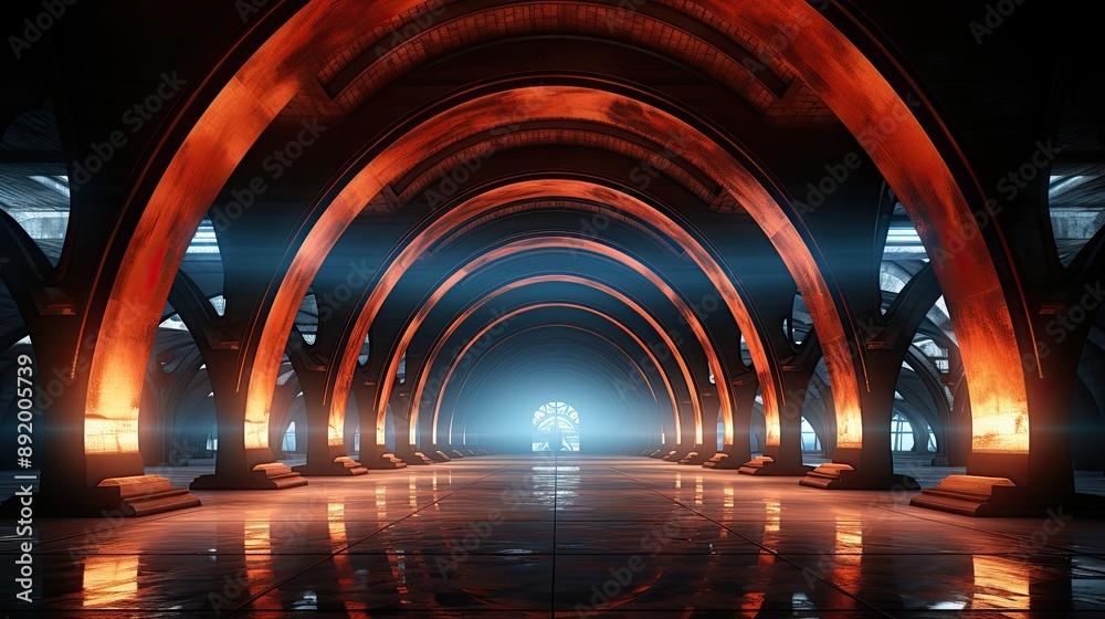Obraz premium 3d render of abstract futuristic arch architecture with neon light and empty concrete floor 
