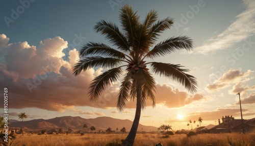 Palm Tree Silhouette at Sunset with Mountains in the Background.