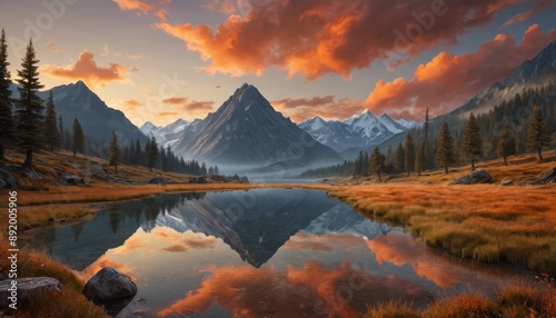 Mountain lake reflection at sunset.