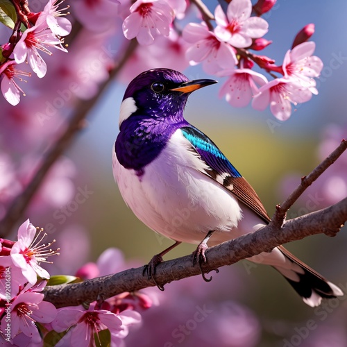 A beautiful and clear photo of a Violetbacked Starling bird perched on a flowering tree, with pink blossoms surrounding it. Generative Ai photo